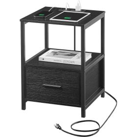 Modern Black Metal Wood Side End Table Nightstand Shelf with USB Charging Ports