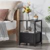 Modern Black Metal Wood Side End Table Nightstand Shelf with USB Charging Ports