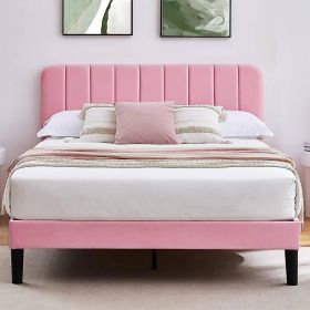 Full size Pink Upholstered Platform Bed Frame with Headboard