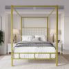 King size Gold Metal Canopy Bed with Upholstered Button-Tufted Headboard