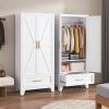 White 2-Door Wardrobe Armoire Cabinet with Storage Drawer and Hanging Rod